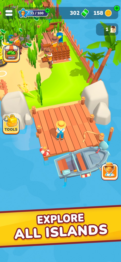 Little Farm Story: Idle Tycoon - La aplicación invita a explorar nuevos horizontes, presentando un muelle de madera que se adentra en el agua cristalina, y destacando las exuberantes islas distantes que esperan ser descubiertas.