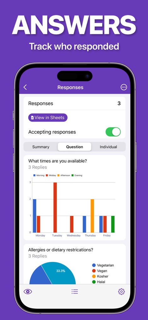 Forms ® - The app provides a clear overview of responses, displaying quantitative data through bar charts and breaking down categorical data with intuitive pie charts.
