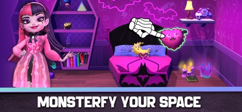 Monster High Fangtastic Life - Users can personalize their space, choosing from unique decor options such as a bat-themed bed and playful monster pillows.