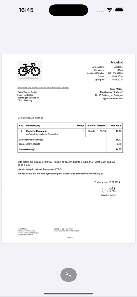Lexware - Generate professional and detailed offers, displaying comprehensive company and customer information along with a clear itemized breakdown of services.