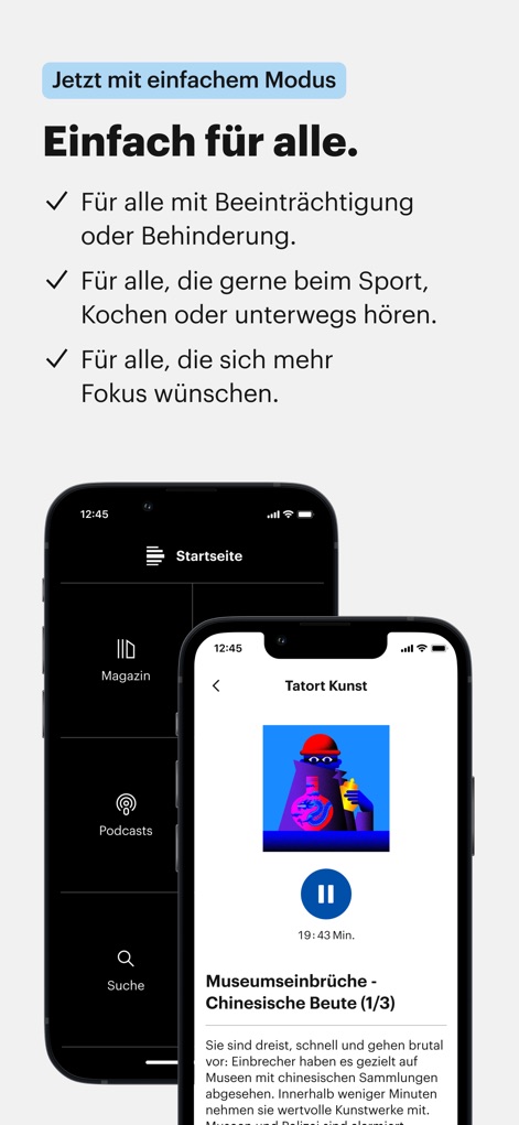 Deutschlandfunk - The app prioritizes inclusivity with a simplified mode for diverse users and a well-structured side navigation menu for intuitive access to features like 'Magazin' and 'Podcasts'.