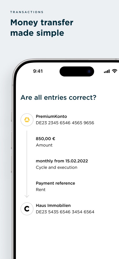 Commerzbank Banking - Nutzer können detaillierte Transaktionsinformationen wie den „850,00 €“ Betrag und die Zahlungsempfänger „PremiumKonto“ und „Haus Immobilien“ vor der Ausführung überprüfen.