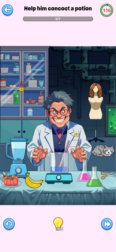 Brain Up - Drama Puzzle Game - Este jogo estimula o raciocínio com cenários inusitados, como um cientista louco preparando uma poção em um laboratório cheio de frascos e um gato dormindo tranquilamente.