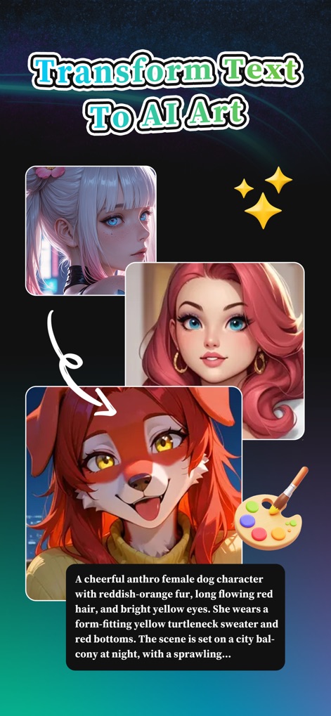 Keily-Create AI Stroy - Esta herramienta convierte descripciones de texto detalladas, como la de un "personaje perro antropomorfo", en una variada gama de estilos visuales, desde retratos de chicas anime hasta personajes con características animales.