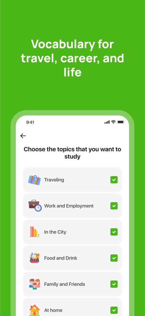 10 Minute English - Examine the app's diverse vocabulary categories, allowing users to choose relevant subjects like "Traveling" and "Work and Employment" via intuitive checkboxes for personalized learning.