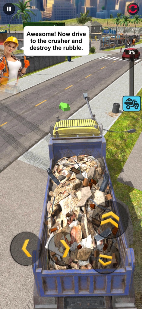 Demolition & Construction Inc. - Observe the detailed full dump truck interior as players receive clear NPC instruction bubbles for their next mission objective.