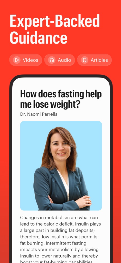 Zero: Fasting & Food Tracker - Access comprehensive 'Expert-Backed Guidance' through various formats like 'Videos' and 'Articles', featuring insights from medical professionals such as 'Dr. Naomi Parrella'.