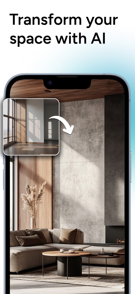 Arch - AI Home Design - Esta ferramenta oferece a possibilidade de transformar completamente um ambiente, introduzindo um sofá curvo e uma parede com textura de concreto, partindo de um espaço vazio.