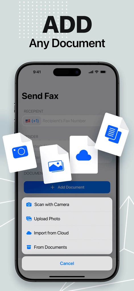 FaxFree: Send Fax From iPhone - This screen illustrates the versatile options for adding documents, allowing users to 'Scan with Camera' or 'Import from Cloud' files seamlessly for faxing.