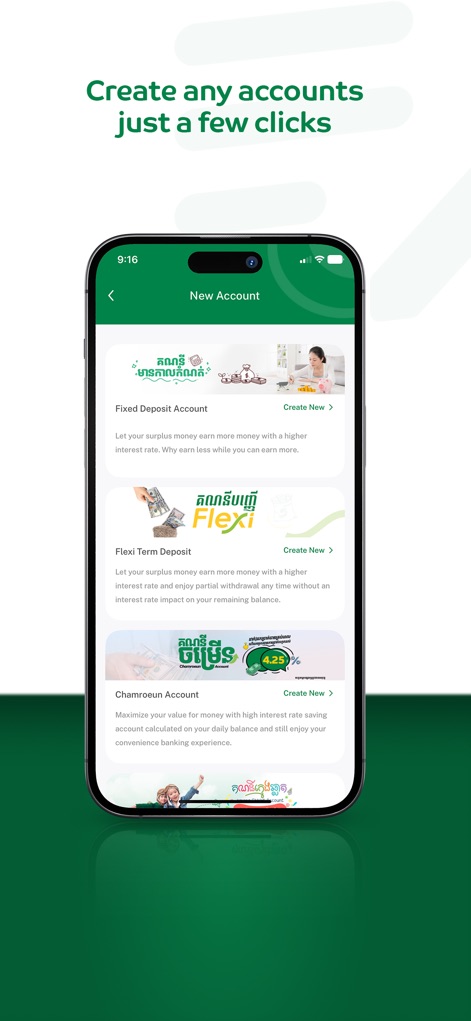 Amret - The app streamlines account creation, presenting options like 'Fixed Deposit Account' and 'Flexi Term Deposit' with clear descriptions to help users choose.