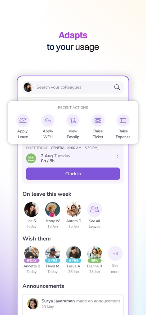 Keka HR - La aplicación centraliza las operaciones de RRHH con un panel de control intuitivo, mostrando acciones recientes como solicitar vacaciones y una vista de los colegas ausentes esta semana.