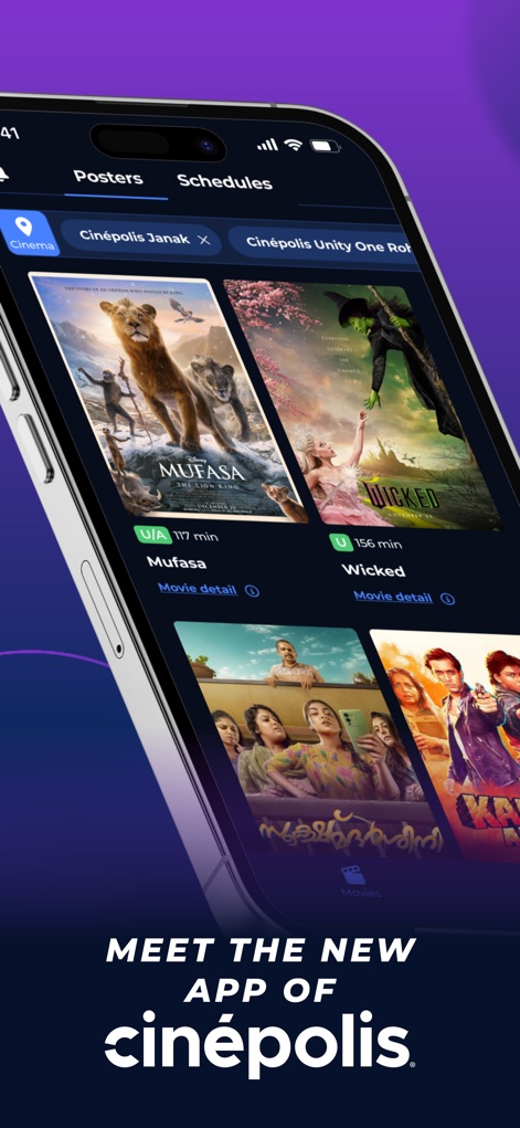 Cinépolis Go - La aplicación presenta una interfaz de exploración intuitiva, mostrando atractivos pósteres de películas y permitiendo a los usuarios filtrar por sus cines favoritos mediante pestañas de ubicación.