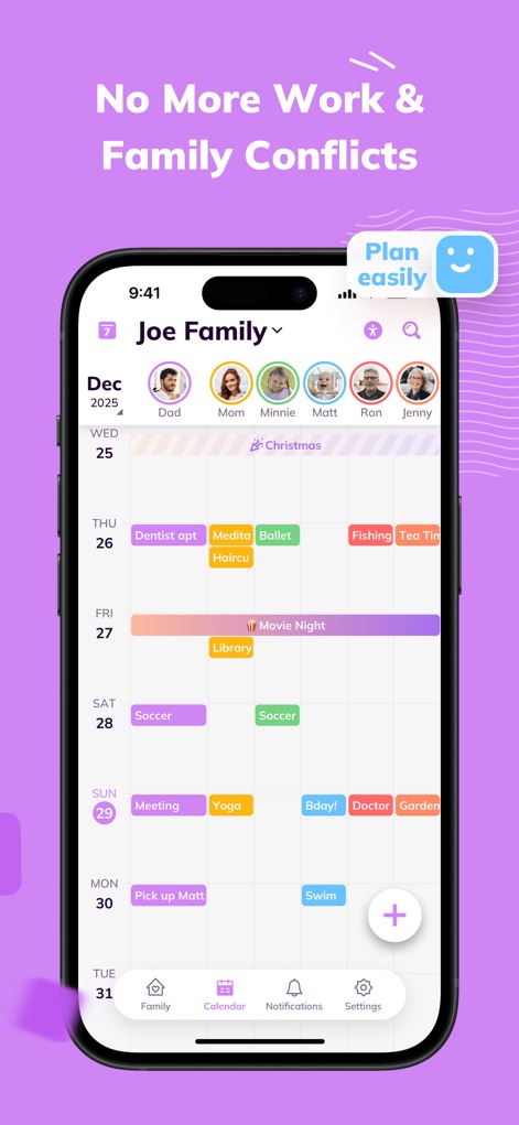 Cubbily:Shared Family Calendar - ユーザーは、週ごとの家族全員の予定を一覧で確認でき、各イベントが色分け表示されているため、個々の活動や衝突の可能性を視覚的に把握しやすくなっています。