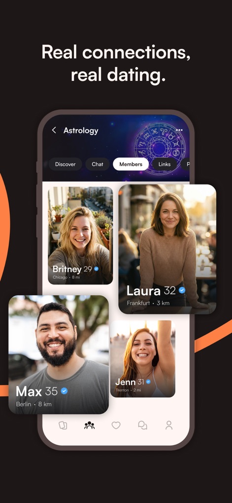 Jaumo Dating App: Flirt & Chat - Users can explore diverse profiles presented in a grid display within specific interest groups, exemplified by the 'Astrology' community view and various user profiles like 'Britney' and 'Laura'.
