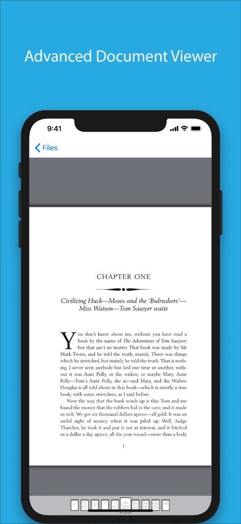 Files - File Manager & Browser - El visor de documentos proporciona una experiencia de lectura ininterrumpida en pantalla completa, destacando el texto nítido y la paginación inferior para una navegación fluida por el contenido.