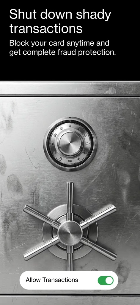 Atlas - Rewards Credit Card - Users gain immediate control over card activity by toggling 'Allow Transactions' and benefit from robust fraud protection measures.