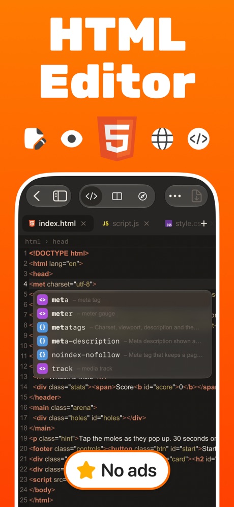 HTML Viewer : Editor & Creator App Store screenshot 1, headline “HTML Editor”. Rounded headline type.