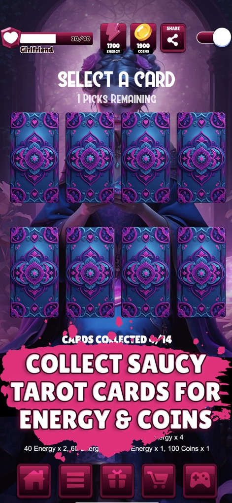 Pocket Love - Gamer Girl - 사용자는 타로 카드 선택 화면에서 'COLLECT SAUCY TAROT CARDS FOR ENERGY & COINS'라는 문구를 통해 에너지와 코인을 얻을 수 있는 기회를 발견하며, 14개의 수집 가능한 카드 중 선택할 수 있습니다.