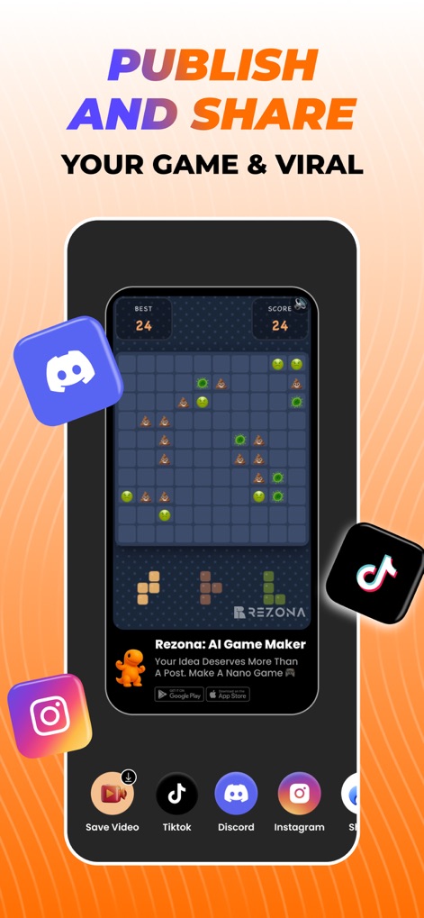 Rezona: AI Game Maker - View how easily users can share their game creations directly to platforms like TikTok and Discord, alongside a clear game score display, encouraging virality and community engagement.