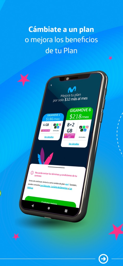 Movistar MX–Tu línea en la App - La aplicación exhibe opciones para 'mejorar tu plan', presentando comparativas claras entre diferentes paquetes como 'GIGAMOVÉ 4' y 'GIGAMOVÉ 6' con sus respectivos beneficios y costos.