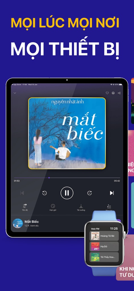 Voiz FM - Sách nói & Podcast - Enjoy the flexibility of accessing content across various devices, from tablets with detailed player interfaces to quick glances on a smartwatch.