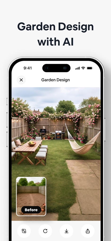 AI Home Decor-Interior Design - Users can effortlessly visualize their outdoor areas, transforming a barren 'Before' space into an AI-reimagined garden with diverse landscaping and seating.