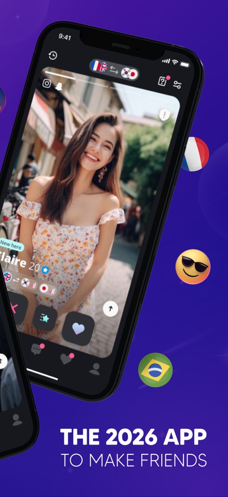 Moji – Korea & Japan Friends - Observe the intuitive interface for browsing potential friends, highlighting clear profile photos and country flags indicating diverse backgrounds.