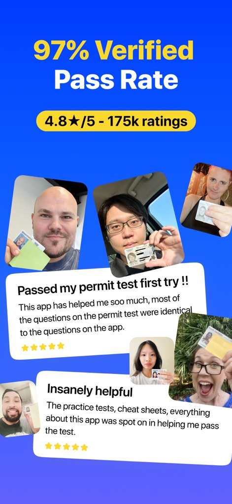 DMV Genie: Permit Test 2026 - Die App zeigt eine beeindruckende „97% Verified Pass Rate“ und präsentiert authentische „Nutzer-Testimonials“, die ihre bestandenen Prüfungen feiern.