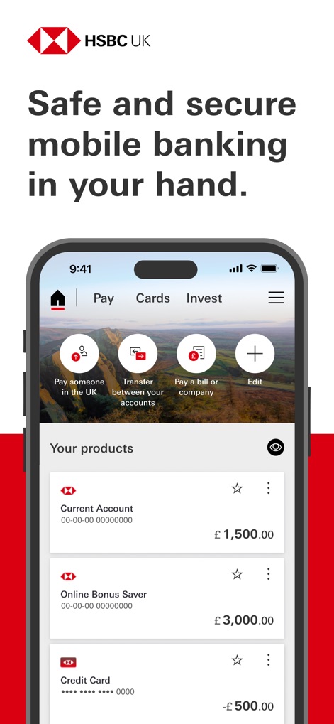 HSBC UK Mobile Banking - The app provides a comprehensive overview of 'Your products' including current and savings accounts, alongside quick access buttons for 'Pay' functions and transfers.