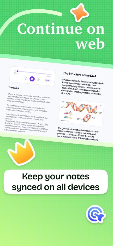 Kiwi AI - Notetaker - Dieses Bild veranschaulicht die nahtlose "Synchronisierung über alle Geräte", die es Nutzern ermöglicht, ihre Notizen problemlos sowohl auf dem Smartphone als auch im "Web-Interface" fortzusetzen.