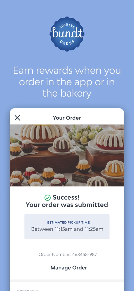 Nothing Bundt Cakes - Users are provided with a clear 'Success!' confirmation upon order submission, along with vital details like the estimated pickup time and an order number.