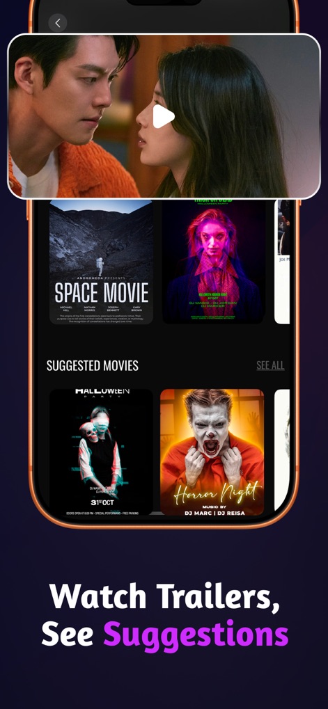 SeeMore: Films and Series - Les utilisateurs peuvent visionner des bandes-annonces intégrées et explorer des recommandations personnalisées dans la section "Suggested Movies".