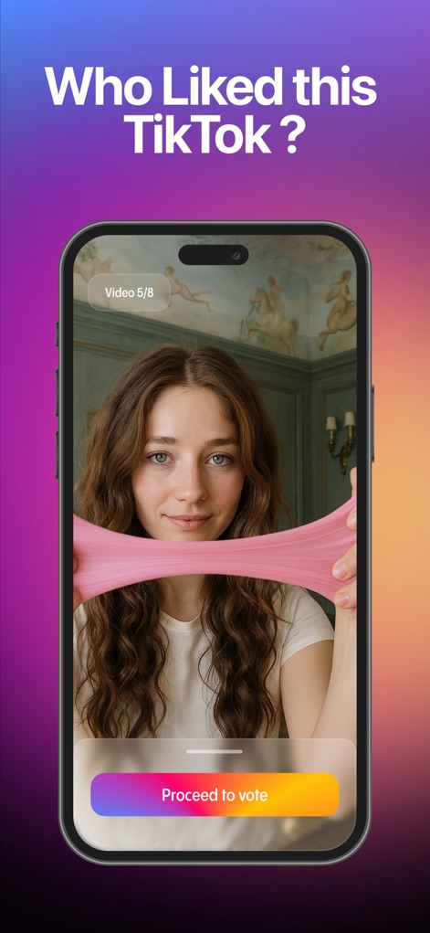 WhoLiked: Guess Likes Reposts - Gli utenti sono invitati a indovinare chi tra i partecipanti ha apprezzato il video mostrato, con l'evidente domanda 'Who Liked this TikTok?' che guida l'interazione e il pulsante 'Proceed to vote' che avvia il turno.