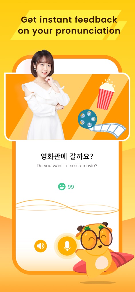 LingoDeer - Learn Languages - Nutzer erhalten sofortiges Feedback zur Aussprache, indem sie einen Satz wie „영화관에 갈까요?“ aufnehmen und visuell eine Bewertung von 99% für ihre Leistung erhalten.