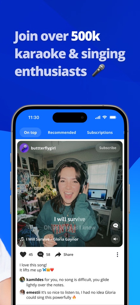 iSing: Sing & Record Karaoke - Esta tela ressalta a dimensão social do aplicativo, apresentando a gravação de um usuário e a seção de comentários interativa, fomentando a interação entre os entusiastas.