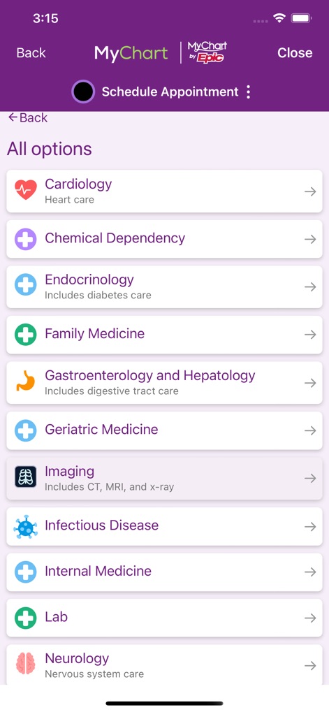 Trinity Health MyChart - Navigate the diverse range of appointment scheduling options, categorized by medical specialties like Cardiology and Family Medicine.