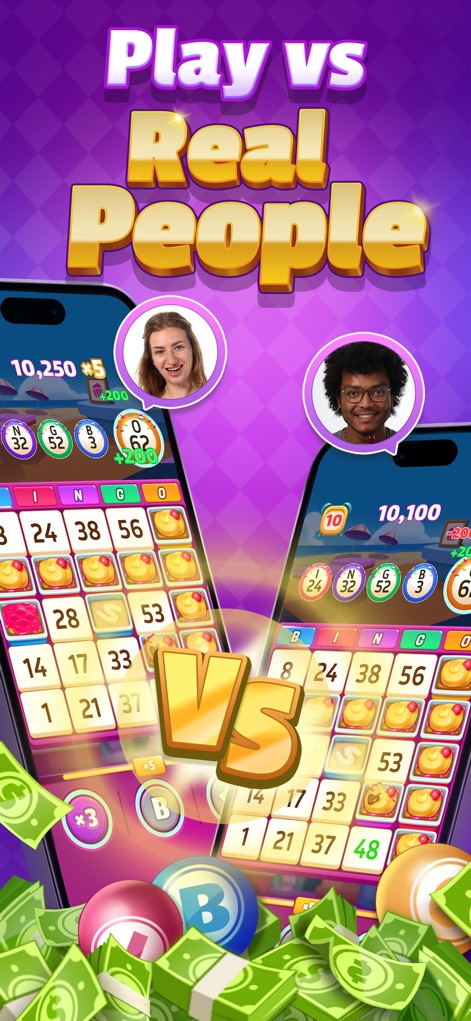 Bingo For Cash - Real Money - O aplicativo promove a competição contra pessoas reais, como ilustrado pelas duas telas de jogo lado a lado e as fotos dos jogadores acima de cada uma.
