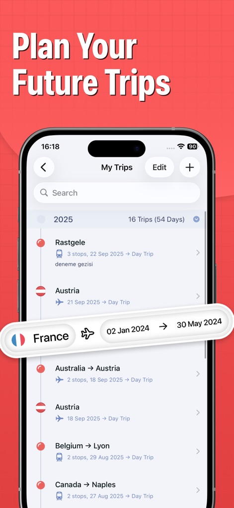 Pin Traveler: Track Travel Map - Discover the app's robust trip planning interface, listing planned journeys chronologically and offering options to 'Edit' or 'Add' new trips with specific dates and destinations.
