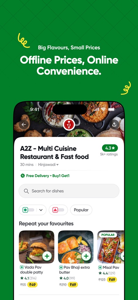toing - Food Delivery - Explore restaurant-specific promotions like 'Free Delivery • Buy1 Get1' and conveniently reorder 'Repeat your favourites' at special prices.