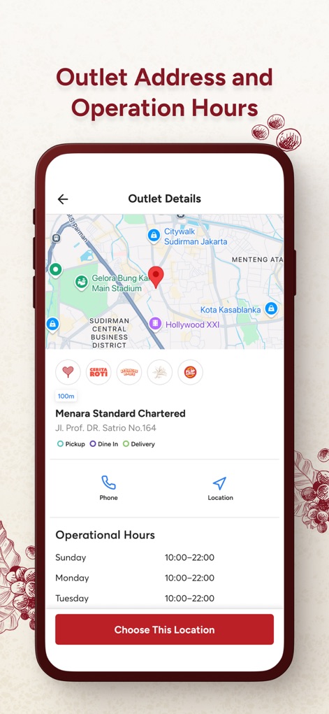 Kopi Kenangan Indonesia - この詳細画面では、ユーザーは「地図」上で店舗の正確な位置を確認し、各曜日の詳細な「営業時間」やサービス内容（ピックアップ/店内飲食）を把握できます。