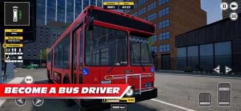 Bus Simulator PRO 2026 - Esta imagem destaca um ônibus urbano vermelho e a interface de usuário detalhada, exibindo o número de passageiros e um minimapa da rota.