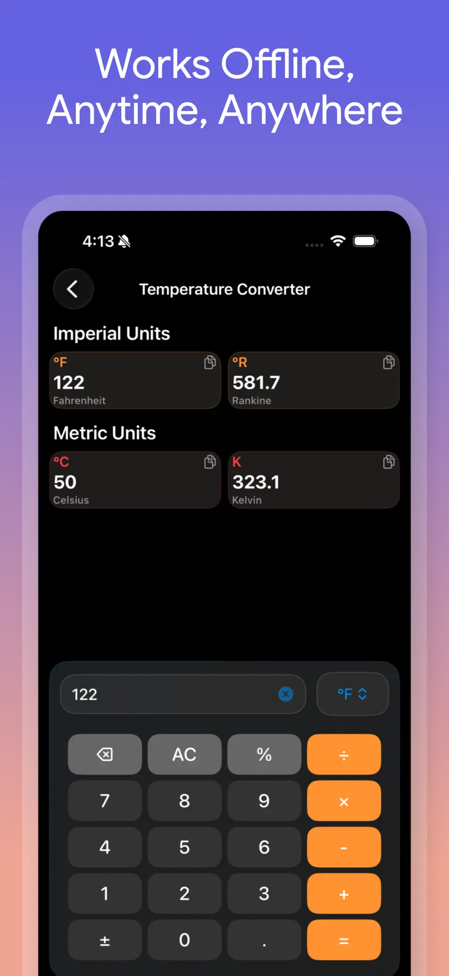 Unit Converter Max showing unit categories, multiple conversion results, and world currencies on iPhone (4/5)