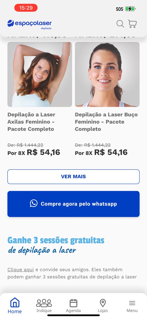 Espacolaser - The app showcases various laser hair removal packages, clearly displaying prices and options to engage with customer service via WhatsApp.