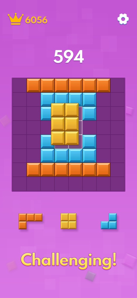 Block Blast - Top Block Puzzle - This tool demonstrates complex block configurations that demand critical thinking and spatial reasoning, highlighted by the "Challenging!" in-game feedback.