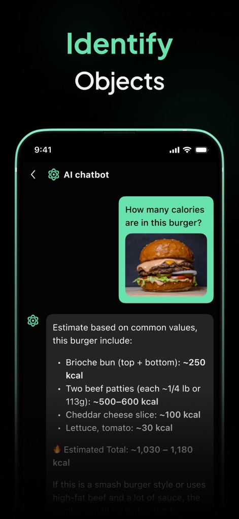 AI Chatbot - Ask Me Anything - This app can identify objects from images, such as estimating calories from a burger picture, and provides a detailed breakdown of its components.