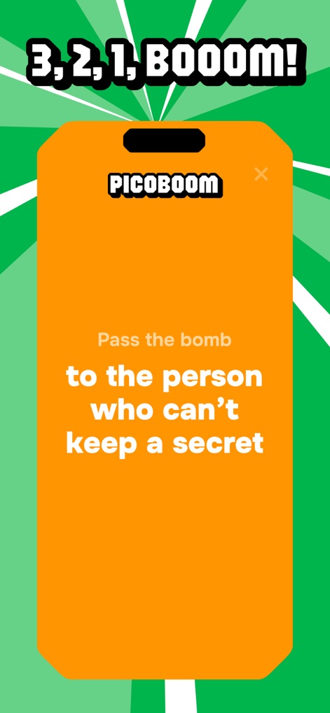 Picoboom - Group Party Game - The app features a dramatic '3, 2, 1, BOOOM!' countdown and prompts players with specific bomb-passing instructions, ensuring fast-paced action.