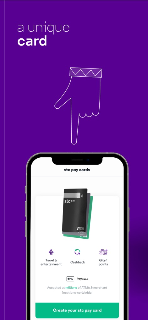 stc pay - Dieses Bild stellt die Option zur Erstellung einer digitalen Zahlungskarte vor, wobei die detaillierte Ansicht der virtuellen Karte mit dem Visa-Logo und die prominent angezeigten Vorteile wie Cashback und Qitaf-Punkte die Nutzer überzeugen sollen.