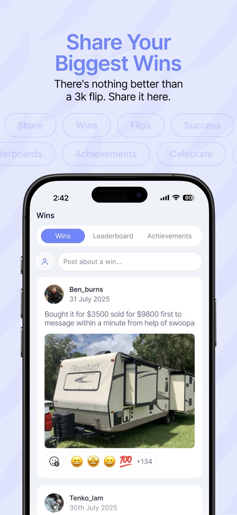 Swoopa - The app fosters community by allowing users to share "user posts of successful flips" and engage with others' successes via "engagement icons."