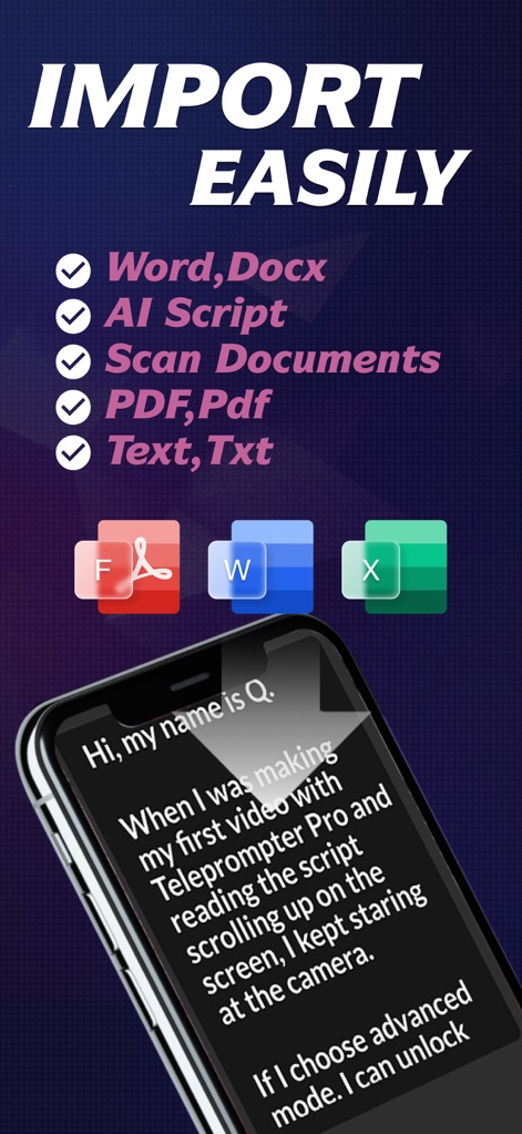 Teleprompter: Video Record AI - Experience how users can 'Import Easily' scripts from various document types like 'Word, Docx' and leverage 'AI Script' tools for instant text generation.