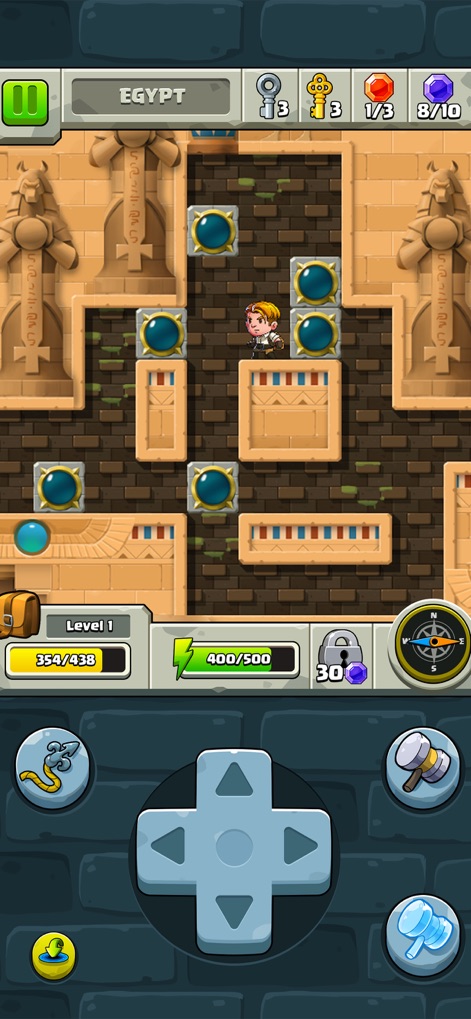 Diamond Quest: Don't Rush! - Discover the unique Egyptian temple setting, characterized by ancient statues and engaging block-pushing mechanics.